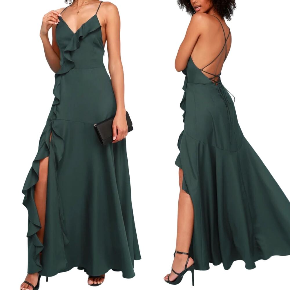 Lulus Selmah Maxi Dress Backless Lace Up Strappy Ruffled Gown Emerald Green M